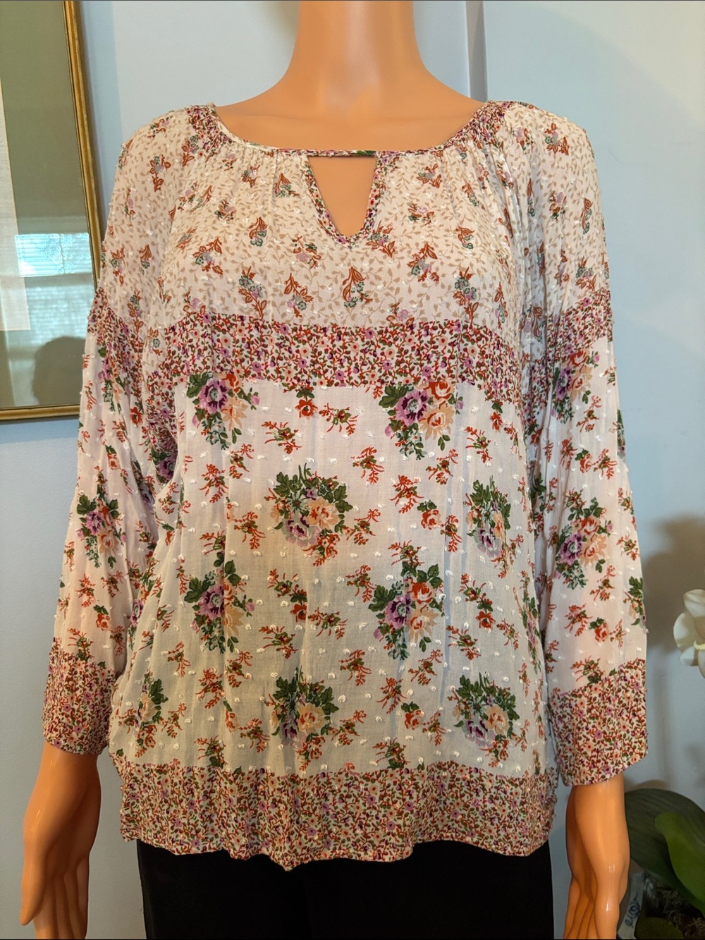 New Directions Cream Floral Peasant Blouse with Pink, Rust & Green Accents